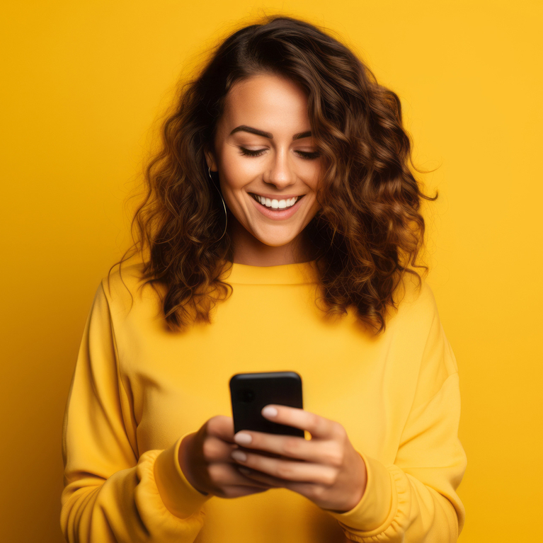 Eine Frau lacht während sie auf ihr Smartphone schaut.